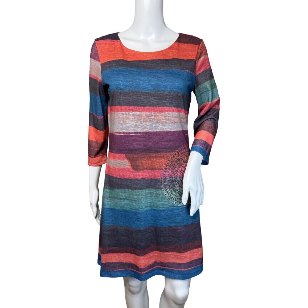 Desigual Dress Womens Medium Blue Pink Watercolor Stripe Fit Flare Colorful